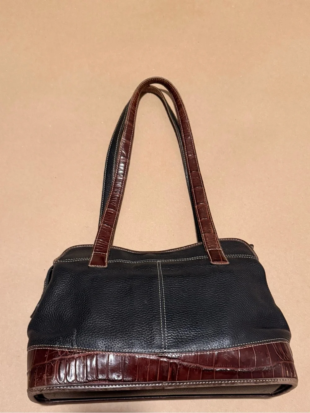 Brighton Black Pebbled Leather Shoulder Bag with Brown Croc-Embossed Trim
